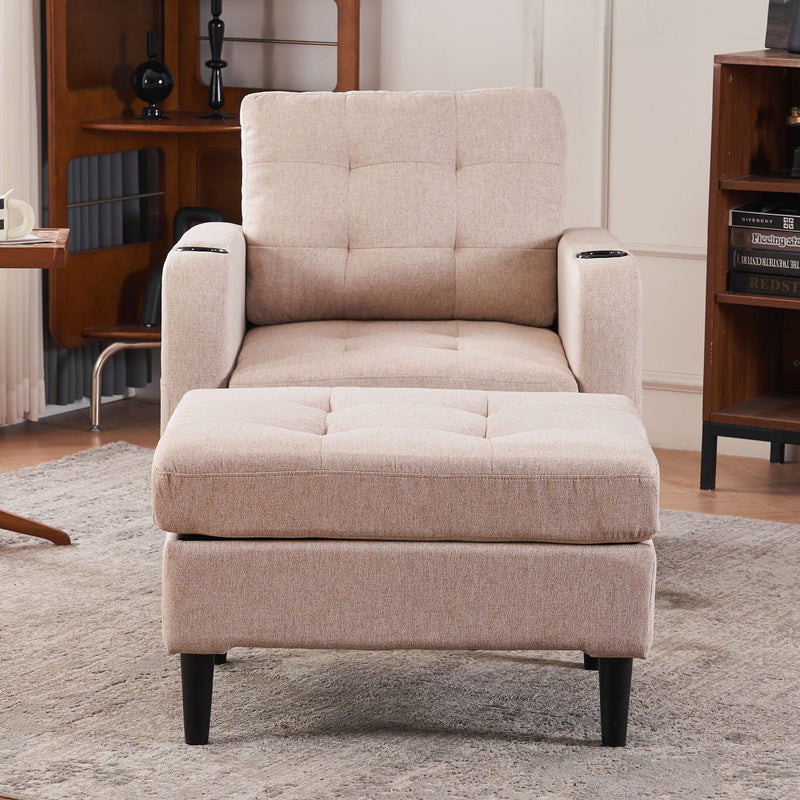 Beige Upholstered Armchair And Storage Ottoman Set, Comfortable Single Sofa With Cup Holders And Tufted Detailing, Ideal For Living Room Or Bedroom - Beige