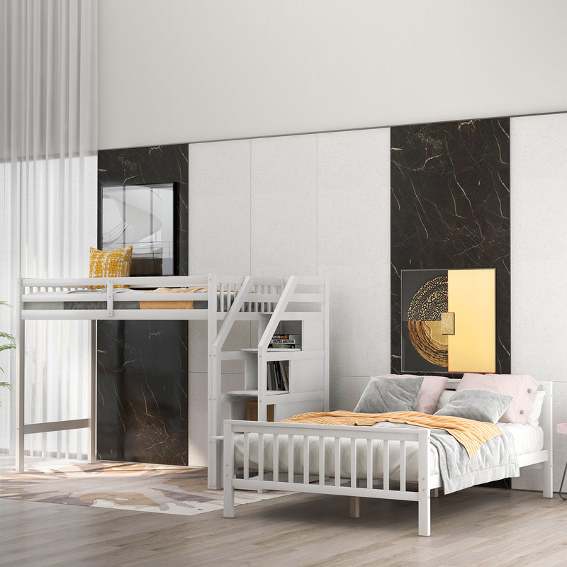 Twin over Full Loft Bed with Staircase,White(OLD SKU:SM000107AAK)