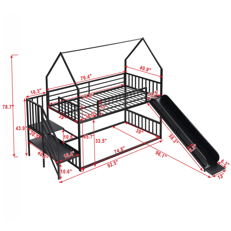 Twin Over Twin Metal Bunk Bed House Bed With Slide And Staircase