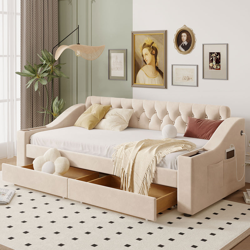 Twin Size Upholstered Daybed with Storage Armrests and USB Port, Beige