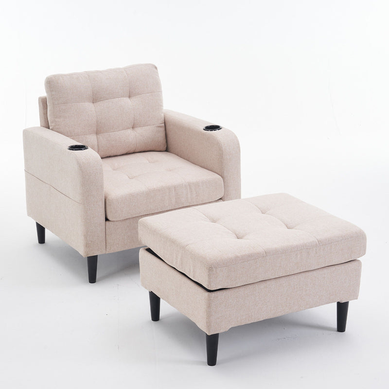 Upholstered Armchair And Storage Ottoman Set, Comfortable Single Sofa With Cup Holders And Tufted Detailing, Ideal For Living Room Or Bedroom