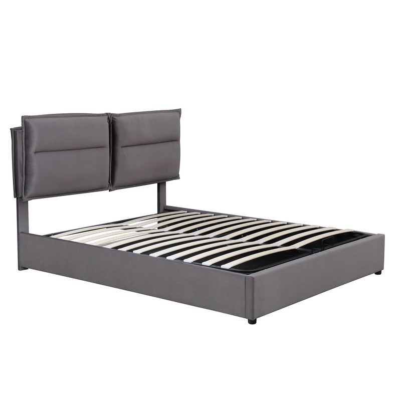 Upholstered Platform bed with a Hydraulic Storage System, Full size, Gray