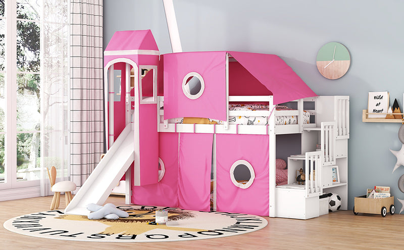 Twin Size Loft Bed with Tent and Tower - Pink