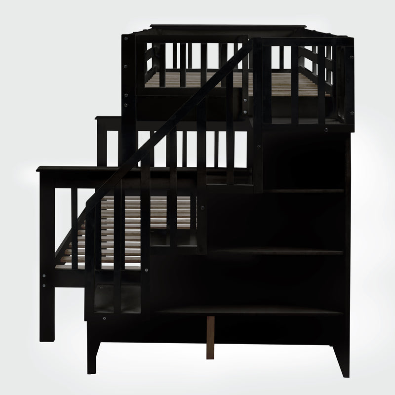 Twin-Over-Full Bunk Bed with Twin size Trundle, Storage and Guard Rail for Bedroom, Dorm, for Adults, Espresso(OLD SKU :LT000119AAP)