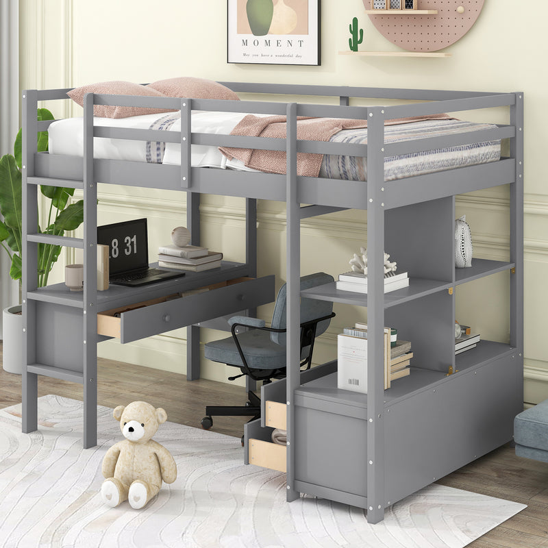 Twin  Size Loft Bed with Built-in Desk with Two Drawers, and Storage Shelves and Drawers,Gray