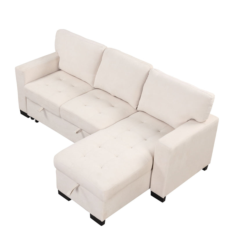 Stylish And Functional Light Chaise Lounge Sectional With Storage Rack Pull-Out Bed Drop Down Table And USB Charger