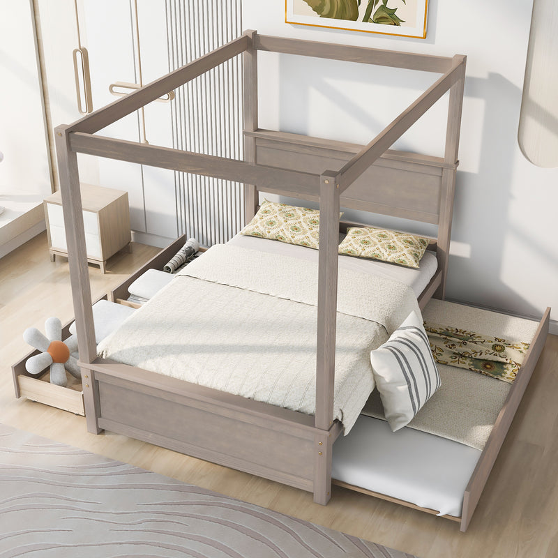 Wood Canopy Bed with Trundle Bed and two Drawers ,Full Size Canopy Platform bed With Support Slats .No Box Spring Needed, Brushed Light Brown