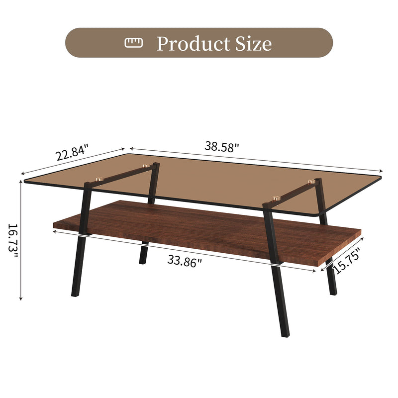 Rectangle Coffee Table, Tempered Glass Tabletop With Metal Legs, Modern Table For Living Room - Brown