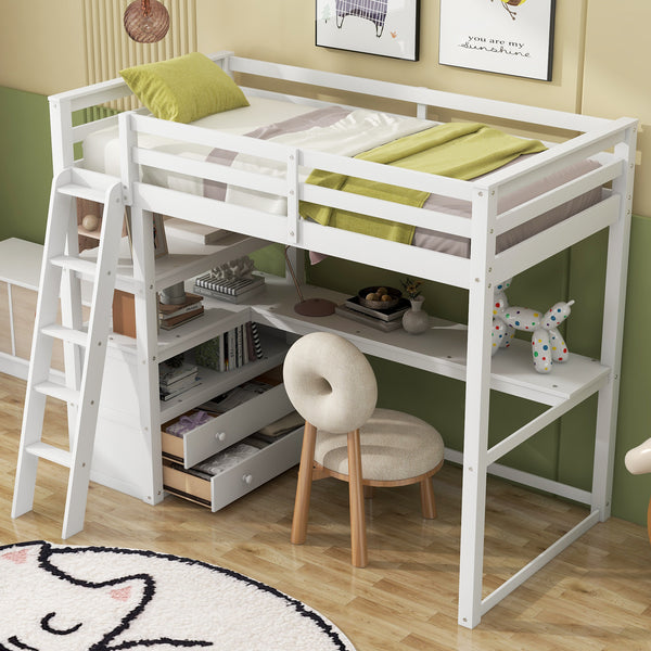 Twin Size Loft Bed with Desk and Shelves, Two Built-in Drawers, White(Old SKU: GX000423AAK)