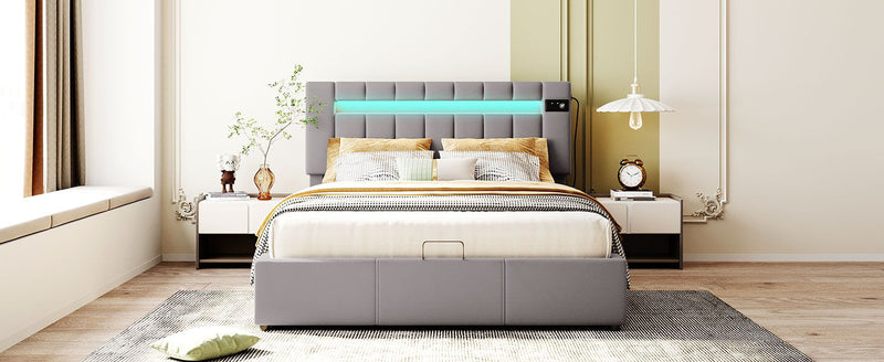 Queen Size Upholstered Bed With Led Light - Bluetooth Player And USB Charging, Hydraulic Storage Bed