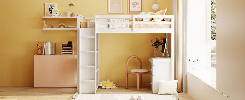 Twin Size Loft Bed with Ladder, Shelves, and Desk, White