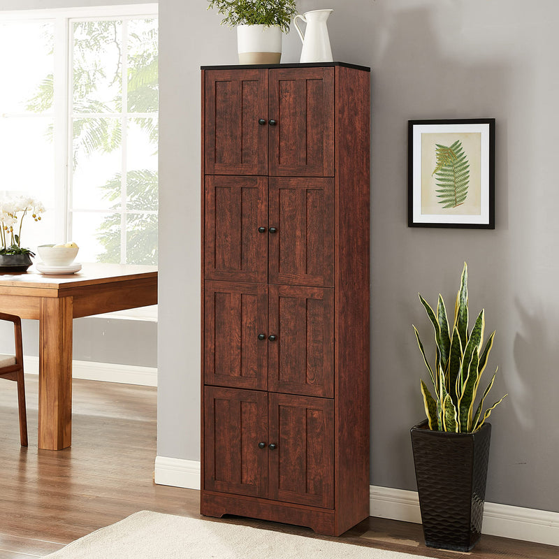 Tall Storage Cabinet with 8 Doors and 4 Shelves, Wall Storage Cabinet for Living Room, Kitchen, Office, Bedroom, Bathroom, Walnut