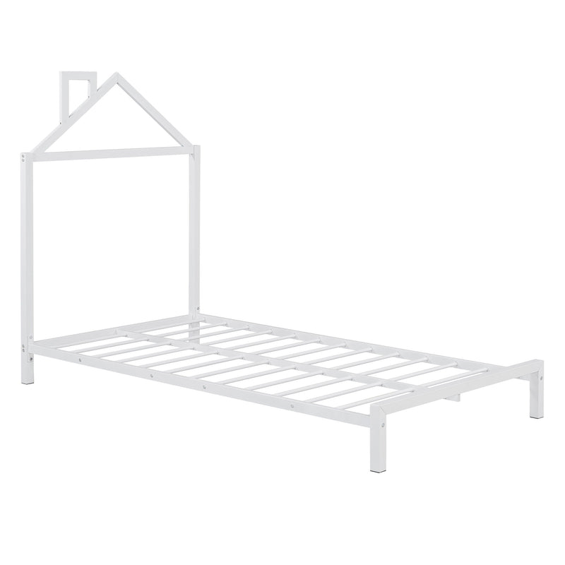 Twin Size Metal Platform Bed With House-Shaped Headboard Design