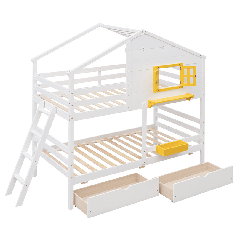 Twin over Twin Bunk Bed with 2 Drawers, 1 Storage Box, 1 Shelf, Window and Roof-White(OLD SKU:LT000608AAK)