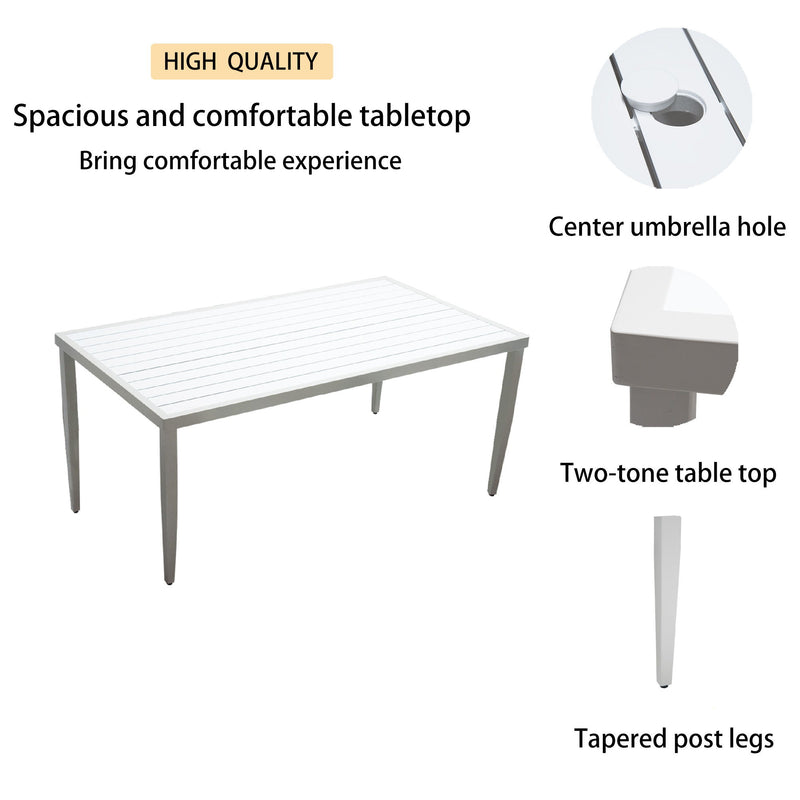 Outdoor Patio Two-Tone Table Top Rectangle Dining Table With Tapered Feet & Umbrella Hole - Matte White / Grayish