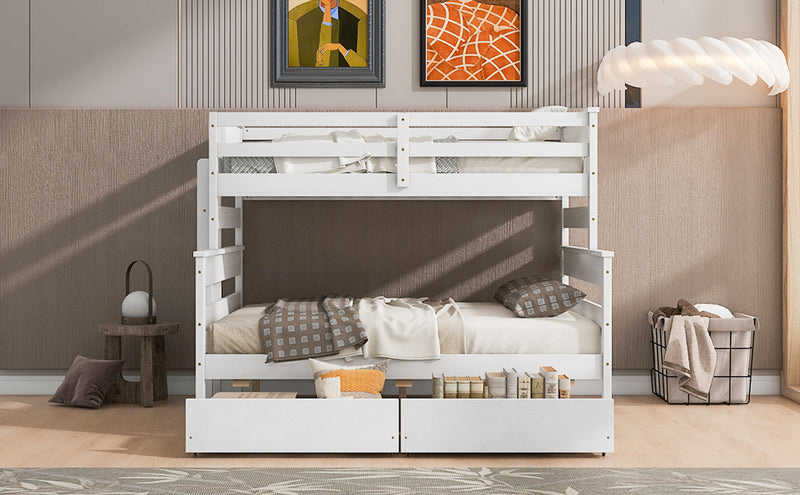 Wood Twin over Full Bunk Bed with 2 Drawers, White