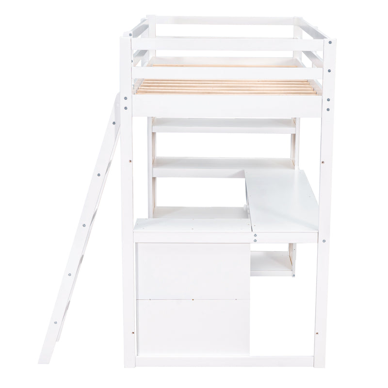 Twin Size Loft Bed with Ladder, Shelves, and Desk, White(OLD SKU:LT000225AAK)