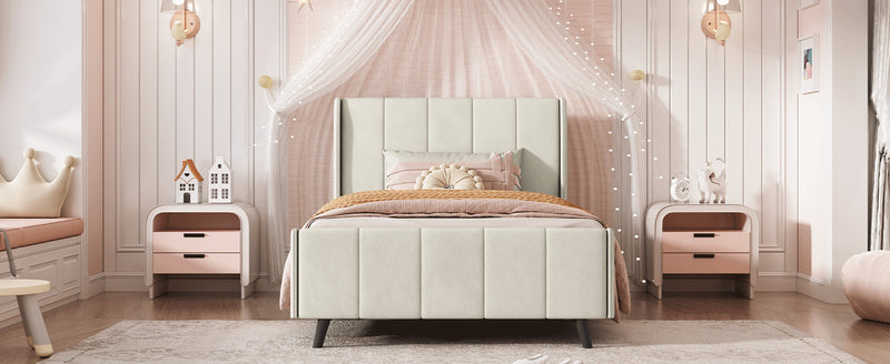 Twin Size Upholstered Platform Bed, Velvet, Beige