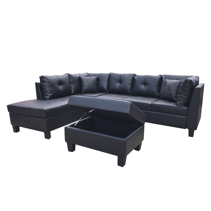 3 Piece Sofa With Left Chaise Lounge And Storage Ottoman, 2 Throw Pillows - Black