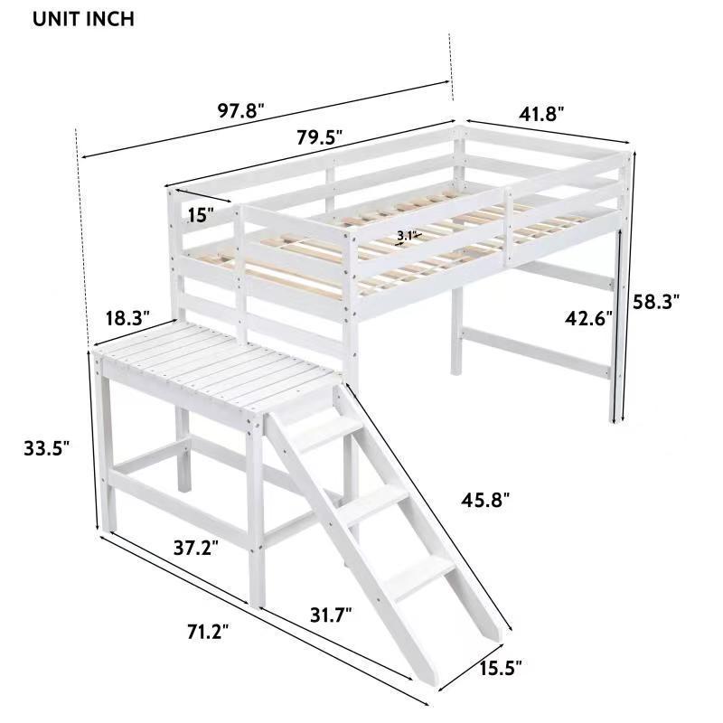 Twin Loft Bed with Platform, ladder,White