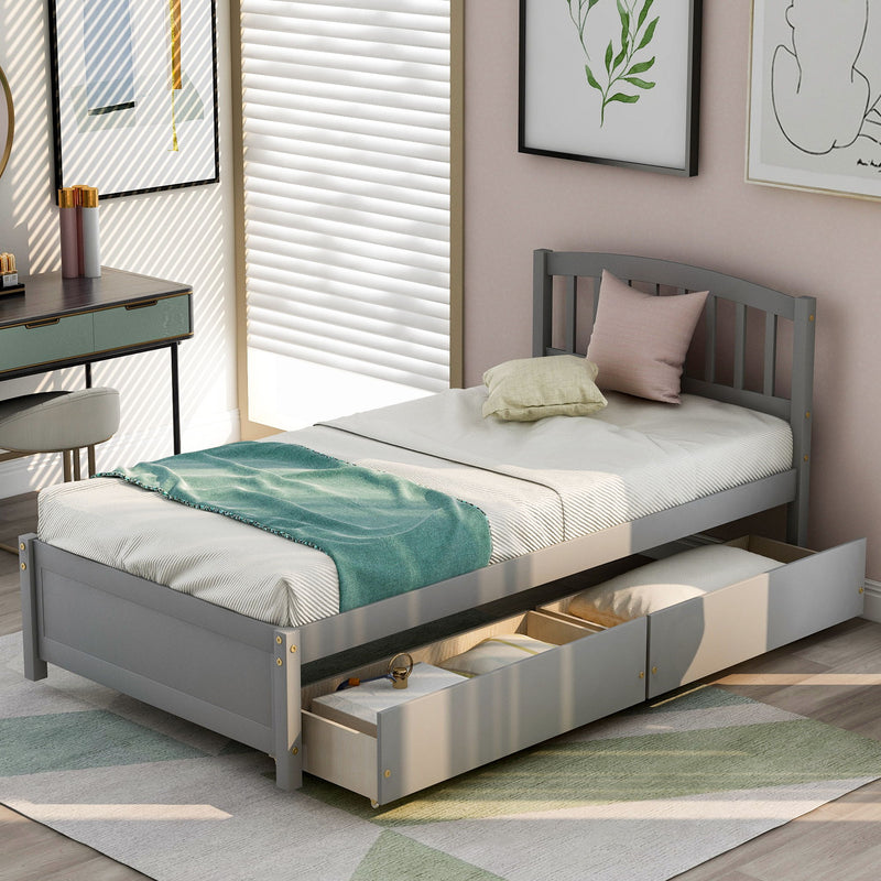 Twin Platform Storage Bed Wood Bed Frame With Two Drawers And Headboard - Gray