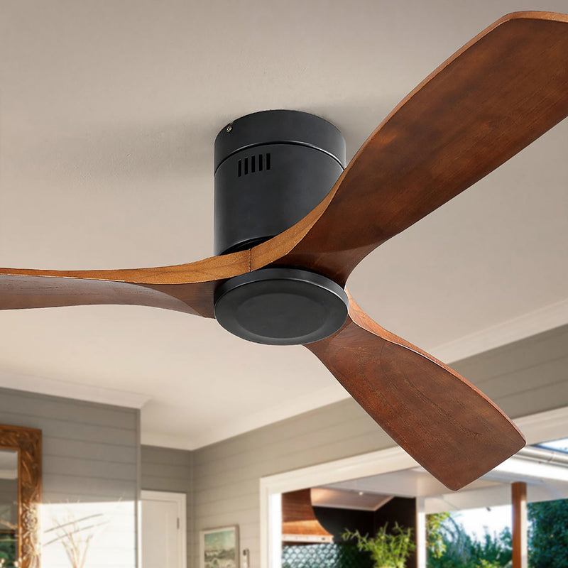 Indoor Wooden Ceiling Fan With 3 Solid Wood Blades Remote Control Reversible Dc Motor Without Light - Dark Brown / Black