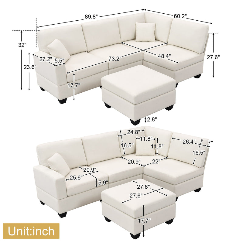 Modern Sectional Sofa, 5-Seat Modular Couch Set With Convertible Ottoman, L-Shape Linen Fabric Corner Couch Set With 2 Pillows For Living Room, Apartment, Office