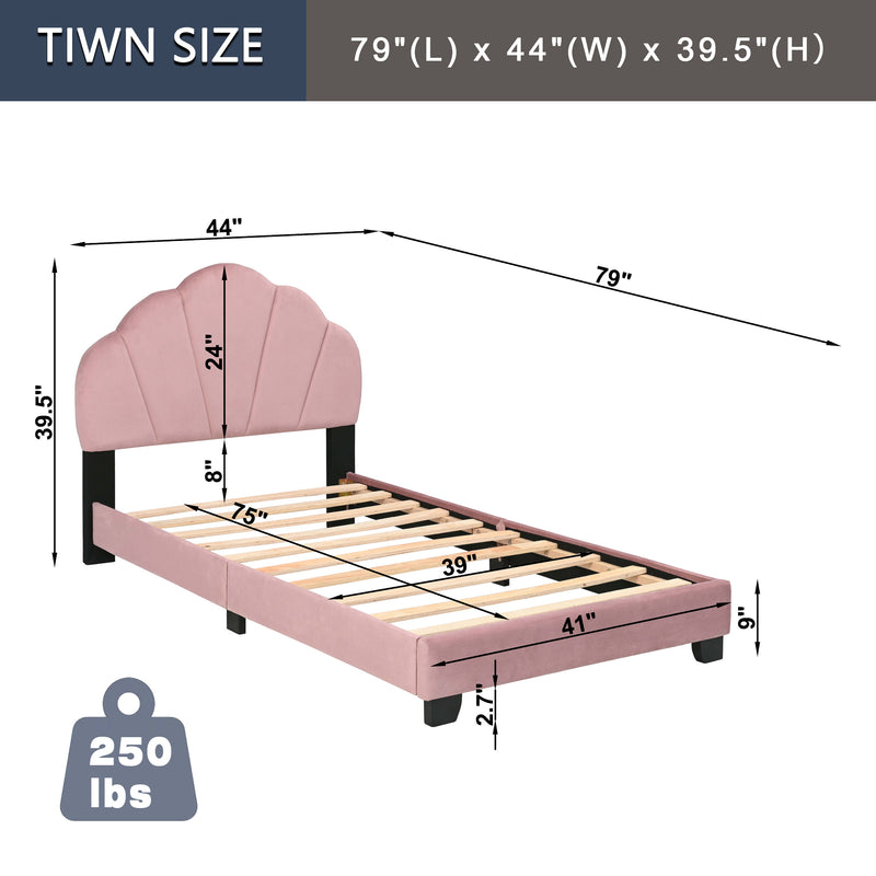 Upholstered Twin Size Platform Bed for Kids, with Slatted Bed Base, No Box Spring Needed, Pink color, Shell Design