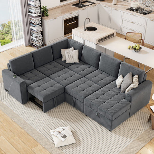 U-Shaped Sofa Sectional Sofa Pull-Out Sofa Bed With A Storage Chaise Lounge, Charging Devices For Living Room - Gray