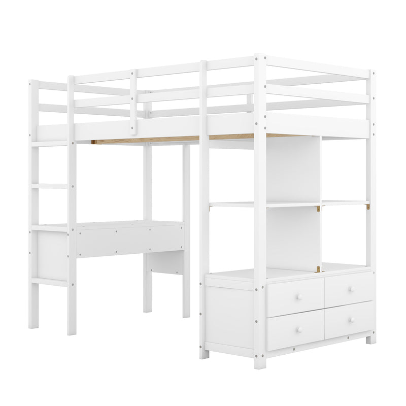 Twin  Size Loft Bed with Built-in Desk with Two Drawers, and Storage Shelves and Drawers,White