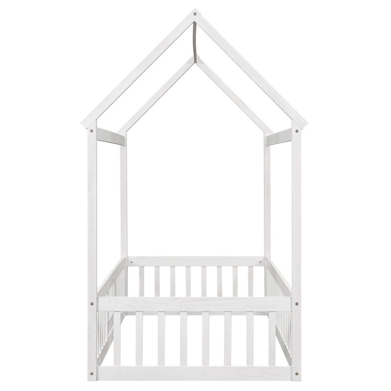 Twin Size Wood House Bed with Fence and Door, White Wash