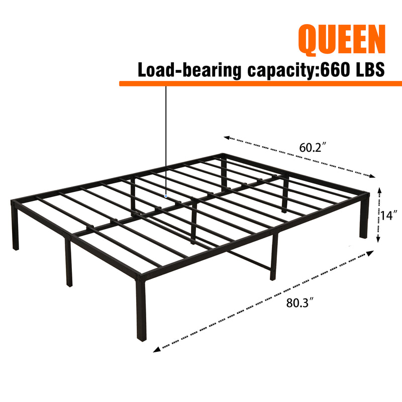 14 Inch Bed Frame Queen Size Heavy Duty Steel Slat Support Metal Platform Queen Bed Frame No Box Spring Needed, Easy Assembly, Black