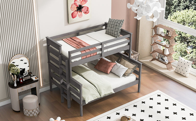 Wood Twin over Full Bunk Bed with Ladder, Gray