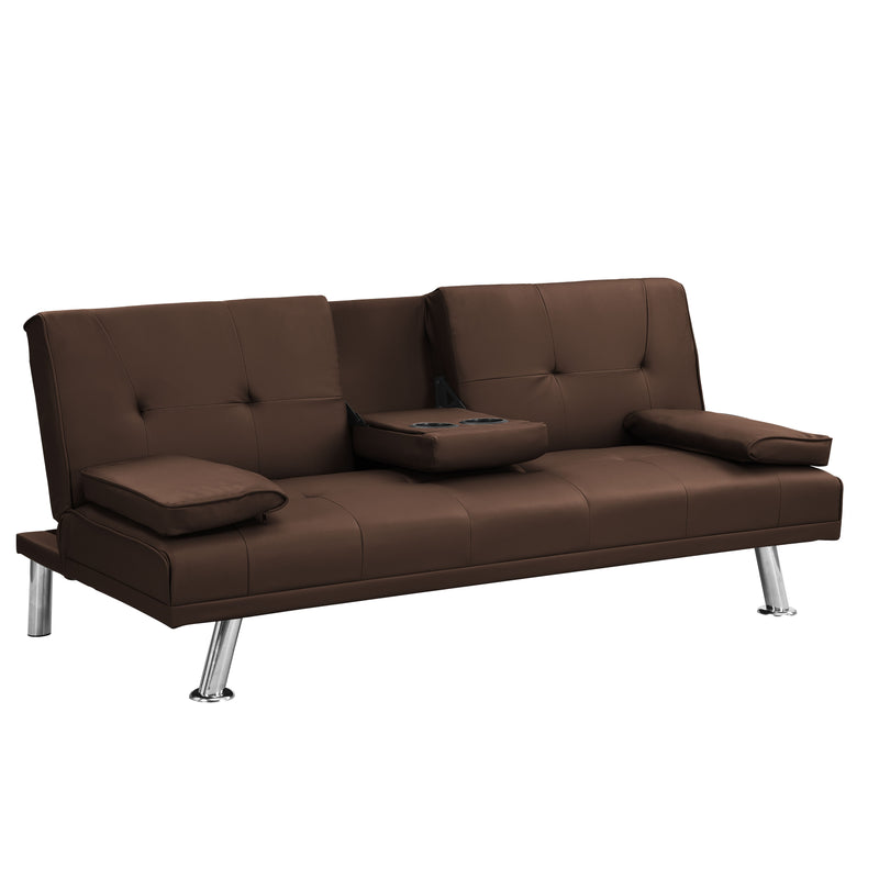 Futon Sofa Bed With Armrest Two Holders Wood Frame, Stainless Leg - Brown