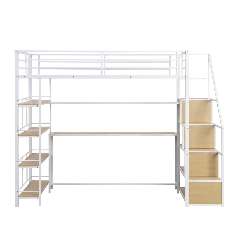 Twin Size Metal Loft bed with Staircase, Built-in Desk and Storage Shelves, White