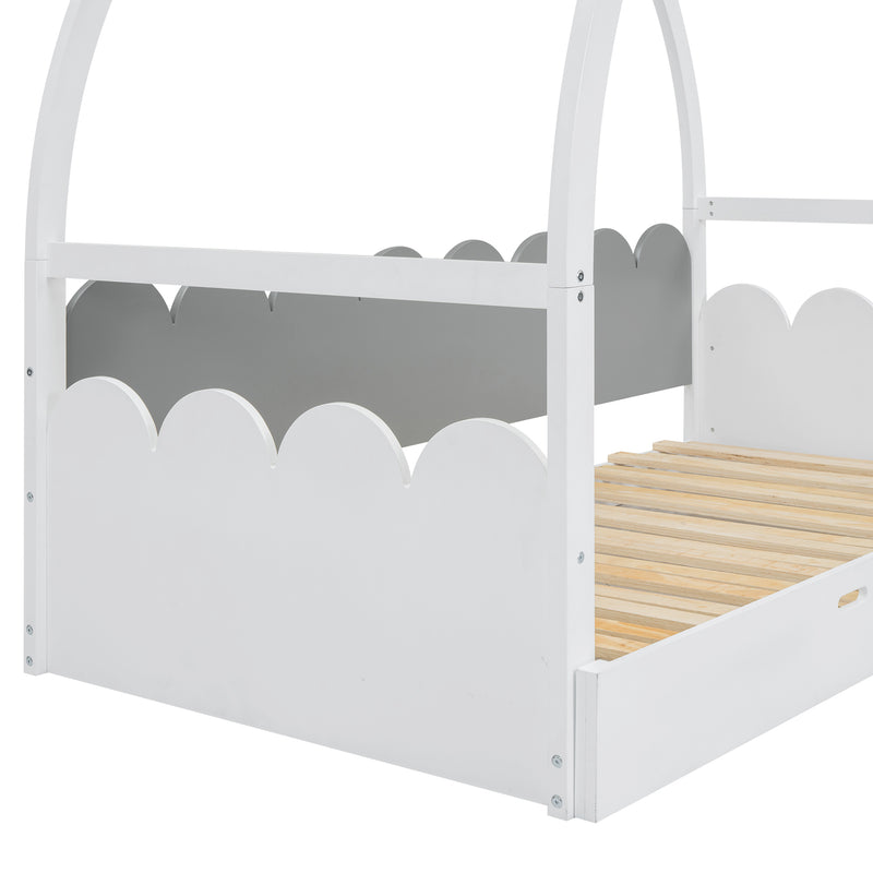 Twin size stretchable vaulted roof bed, children's bed pine wood frame, white+gray