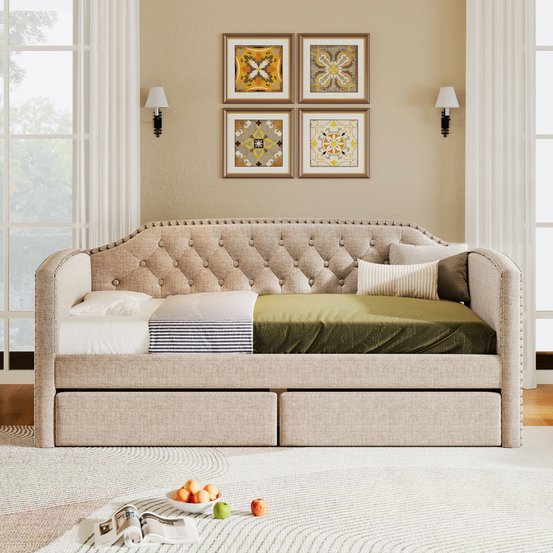 Twin Size Upholstered Daybed with Drawers for Guest Room, Small Bedroom, Study Room, Beige