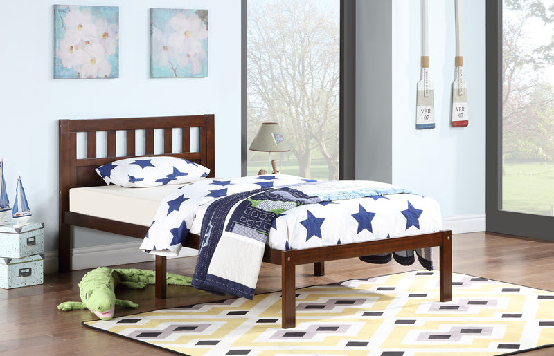 Twin Size Bed, Wood Platform Bed Frame with Headboard For Kids, Slatted, Dark Walnut