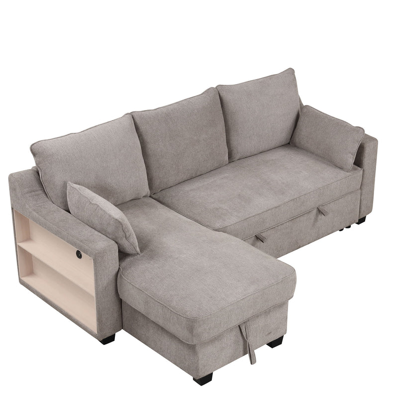 Pull Out Sleeper Sofa L-Shaped Couch Convertible Sofa Bed With Storage Chaise, Storage Racks And USB Ports