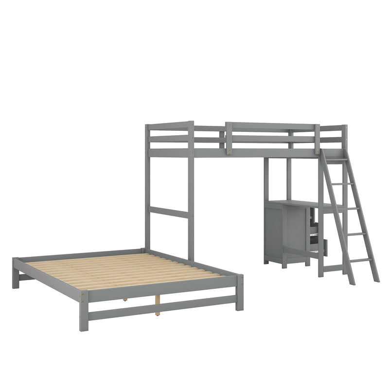 Twin over Full Bunk Bed with Built-in Desk and Three Drawers,Grey