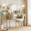 Dressing Table Set With Mirrored Drawers And Stool, Tri-Fold Mirror, Makeup Vanity Set For Bedroom