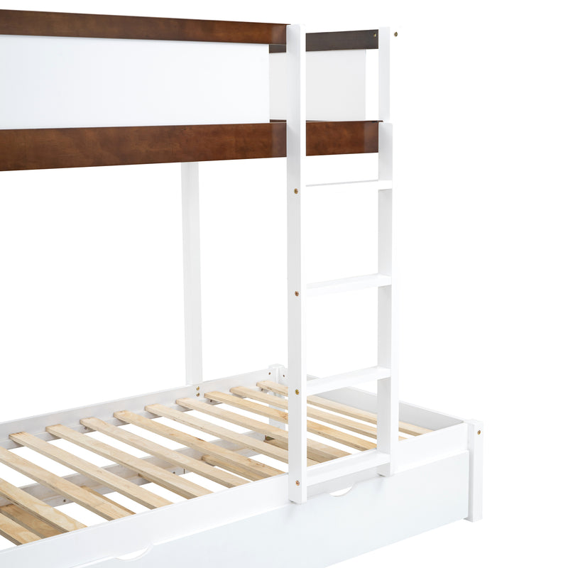 Twin-Over-Twin Bunk Bed with Twin size Trundle, Storage and Desk, White+Walnut