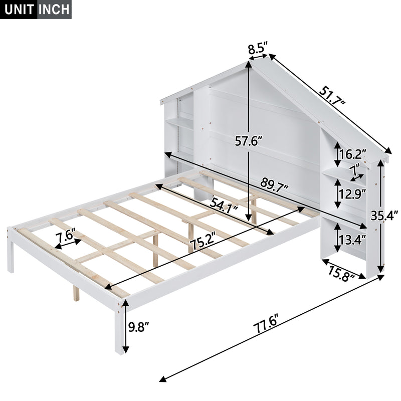 Wood Full Size Platform Bed with House-shaped Storage Headboard and Built-in LED, White