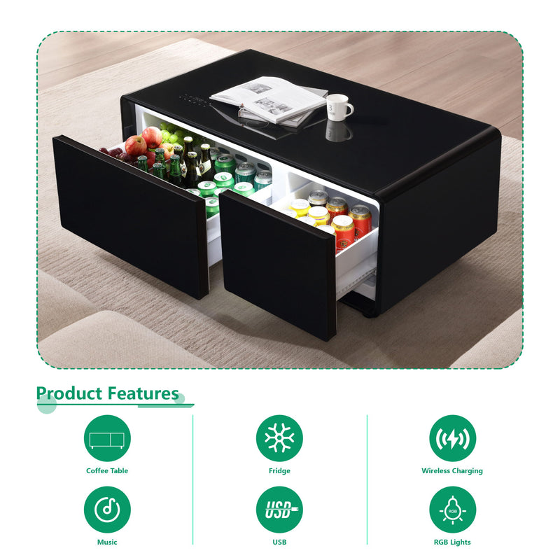 Modern Smart Coffee Table With Built-In Fridge - Bluetooth Speaker, Wireless Charging, Touch Control Panel, USB Interface, Outlet Protection, Atmosphere Light - Black