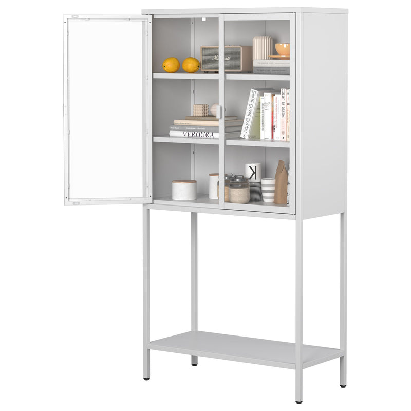 Heavy Duty Metal Storage Cabinet, Display Storage Cabinet With Glass Doors And 2 Adjustable Shelves, Tall Bookcase Modern Bookshelf Cabinet For Home Office, Living Room, Pantry - White