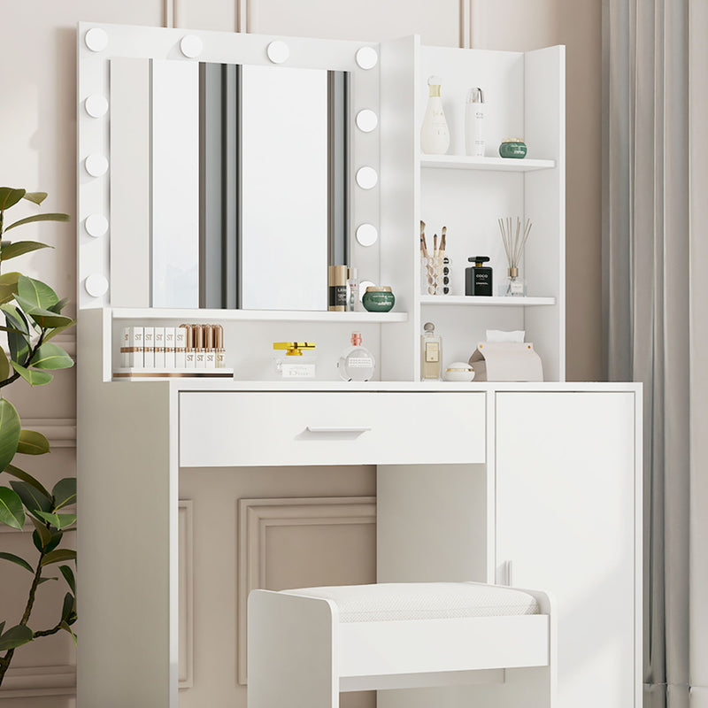 Vanity Desk With Mirror & Light, Large Drawer Three Level Storage Dresser, 3 Lighting Modes Adjustable Brightness, Bedroom Dressing Table (With Stool) - White