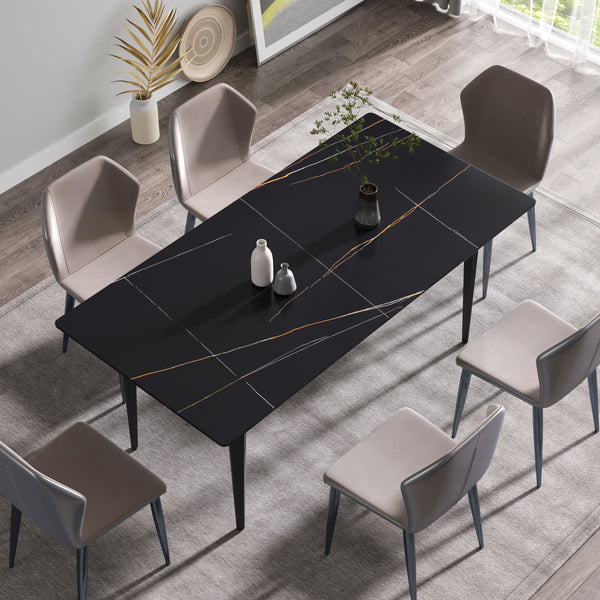 70.87" Modern Artificial Stone Black Straight Edge Black Metal Leg Dining Table - Black