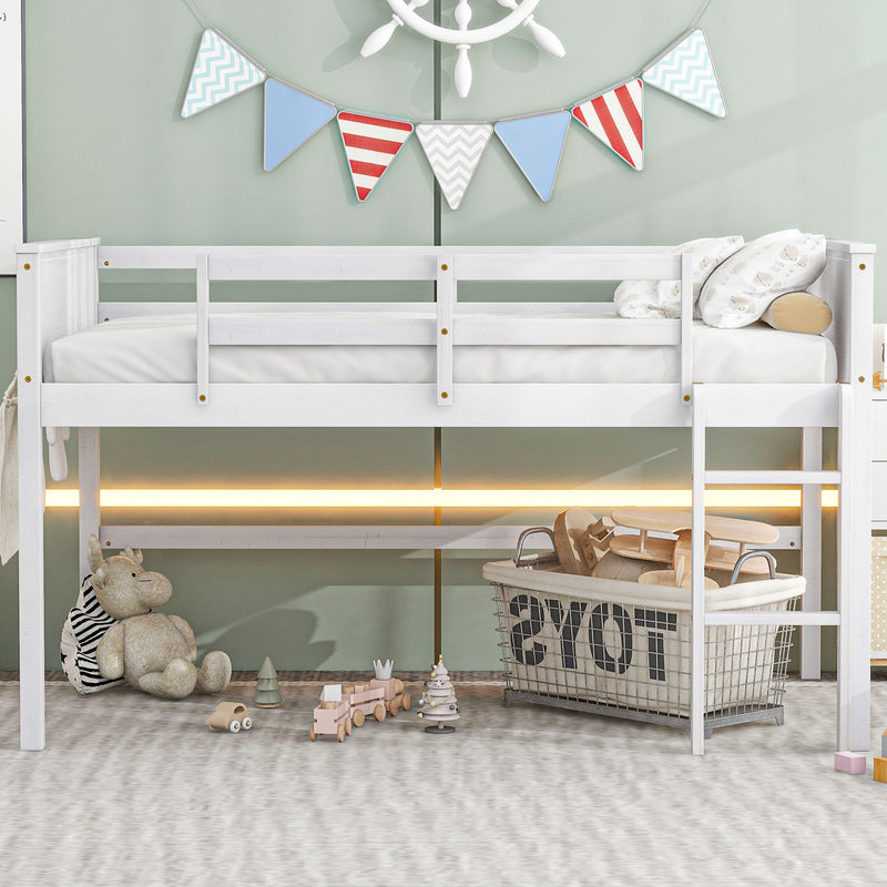 Wood Twin Size Loft Bed with Hanging Clothes Racks, White