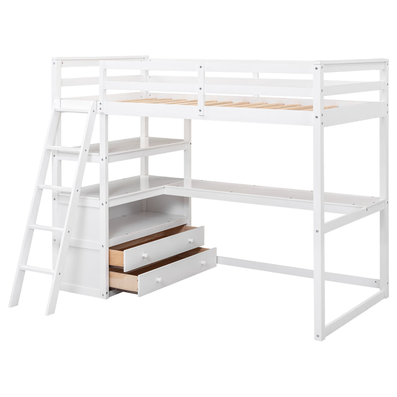 Twin Size Loft Bed with Desk and Shelves, Two Built-in Drawers, White(Old SKU: GX000423AAK)