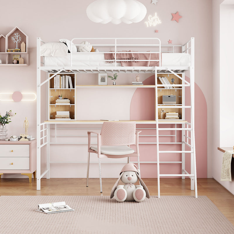 Twin Size Loft Bed with Desk and Shelf , Loft Bed with Ladder,Twin,White